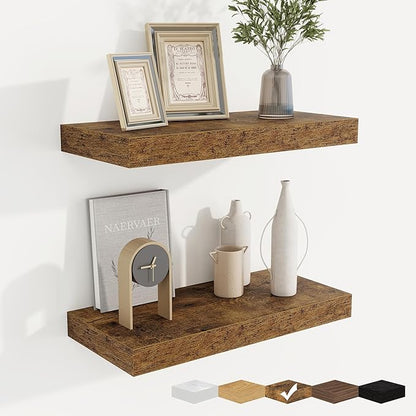 fuqing Floating Shelves for Wall, Wall Mounted Wood Floating Shelf with Invisible Brackets for Living Room, Bathroom, Bedroom, Kitchen Storage and Decor, 16 Inch Set of 2, Rustic Brown