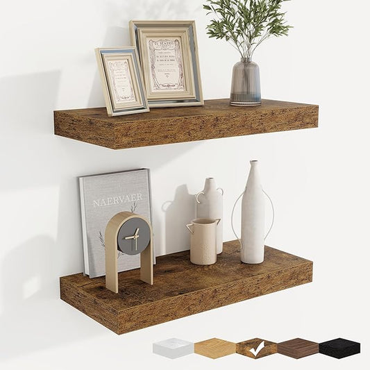 fuqing Floating Shelves for Wall, Wall Mounted Wood Floating Shelf with Invisible Brackets for Living Room, Bathroom, Bedroom, Kitchen Storage and Decor, 16 Inch Set of 2, Rustic Brown