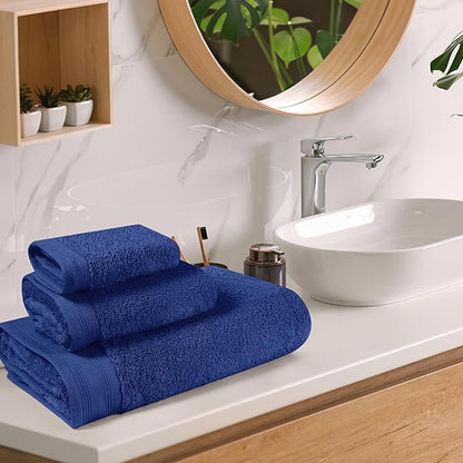 Ultra Soft 3 Pack Cotton Towel Set, Contains a Bath Towels 28x55 inch, a Hand Towels 16x24 inch & a Wash Coths 12x12 inch, Ideal Everyday use, Compact & Lightweight - Navy Blue, Medium