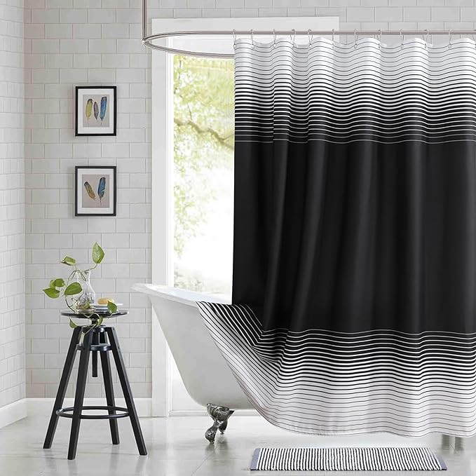 Black Shower Curtain 78 Inches Long, Modern Black and White Gradient Horizontal Stripe Waterproof Polyester Shower Curtains for Bathroom, 72x78 Inches