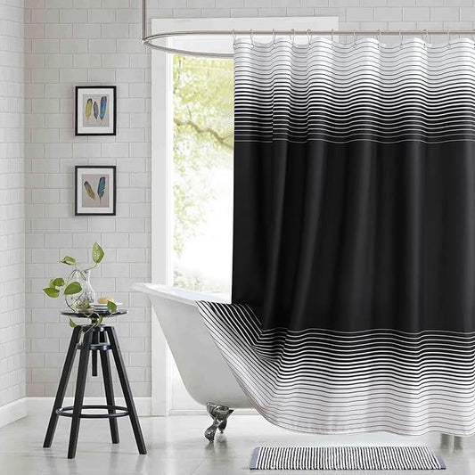 Black Shower Curtain 78 Inches Long, Modern Black and White Gradient Horizontal Stripe Waterproof Polyester Shower Curtains for Bathroom, 72x78 Inches