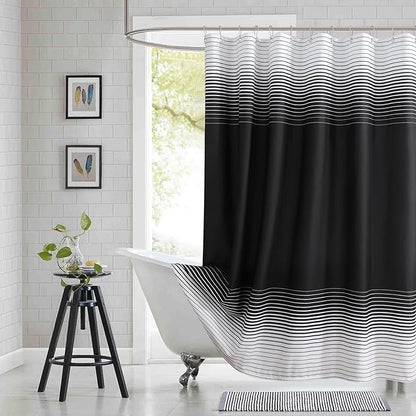 90 Inch Black Shower Curtain, Extra Long Modern Black and White Gradient Horizontal Stripe Waterproof Polyester Shower Curtains for Bathroom, 72x90 Inches