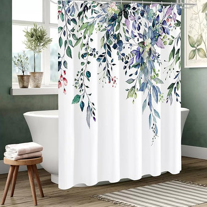 Gibelle Spring Floral Shower Curtain for Bathroom, Watercolor Green Eucalyptus Leaves Plant Shower Curtain Set, Washable Polyester Fabric 72x72 Inch