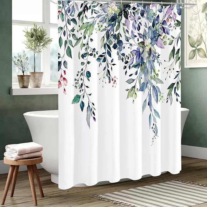 Gibelle Long Shower Curtain 72 x 78, Green Eucalyptus Leaves Shower Curtain, Watercolor Floral Plant Bathroom Curtains Shower Set