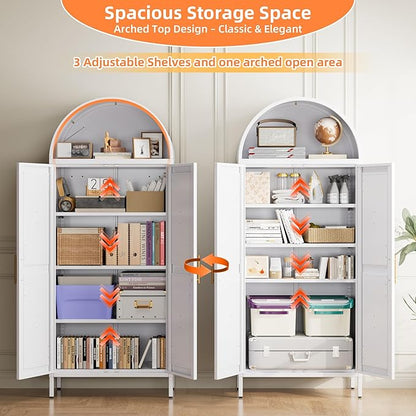 Kitchen Pantry Cabinet, 67in Tall Arched Storage Cabinet with Doors and Shelves, White Freestanding Cupboard for Laundry, Dining Room, Living Room, Bathroom