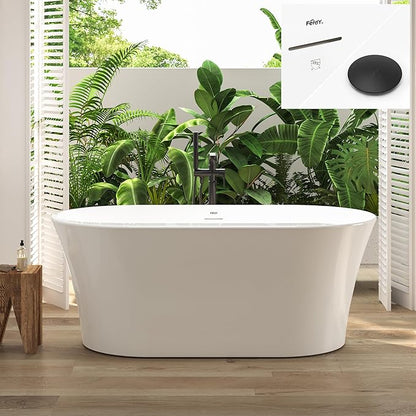 FerdY Mauritius 59" Acrylic Freestanding Tub, Oval Contemporary Soaker Tub, Extra Deep Bathtub, Matte Black Drain and Minimalist Linear Design Overflow, Modern White Bathtub, cUPC Certified