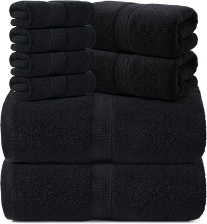 REDKISS Luxury 100% Cotton 8 Piece Bath Towel Sets, 2 Bath Sheets (35x70 in), 2 Hand, 4 Washcloths, Super Absorbent & Quick-Dry Shower Towel for Bathroom Spa Gym Hotel Yoga - Black