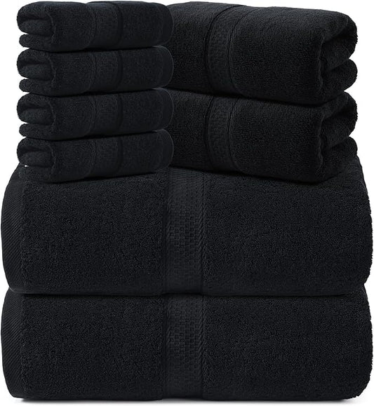 REDKISS Luxury 100% Cotton 8 Piece Bath Towel Sets, 2 Bath Sheets (35x70 in), 2 Hand, 4 Washcloths, Super Absorbent & Quick-Dry Shower Towel for Bathroom Spa Gym Hotel Yoga - Black