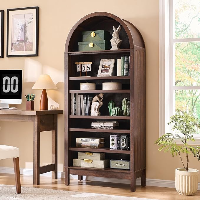 71" Tall Arched Bathroom Storage Cabinet, 7-Tier Modern Farmhouse Storage Cabinet with Adjustable Shelves, Wood Freestanding Cabinet for Bathroom, Living Room, Entryway, Hallway-Brown