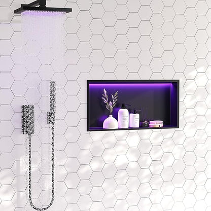 RGB LED Light Shower Niche, Matte Black 24X12 in Stainless Steel Recessed Storage with Remote Control, Waterproof No Tile Needed Wall Niche for Bathroom Storage Built-in Installation