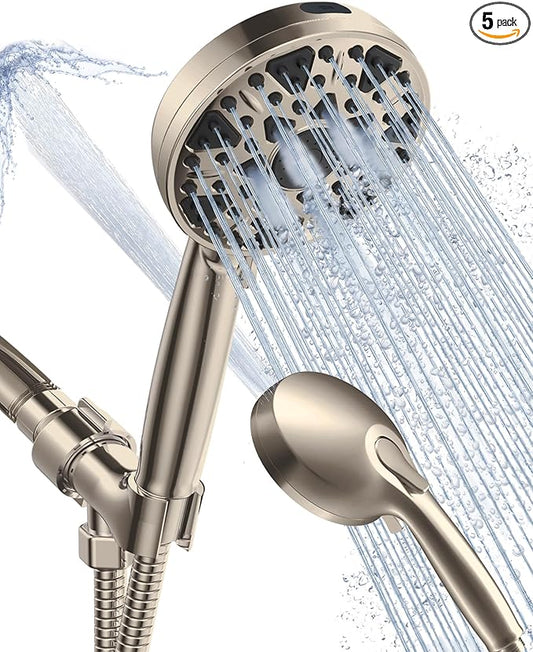 Shower Head With Handheld 7 Settings High Pressure, Built-in Power Wash to Clear Tub, Tile & Pets, 5" High Powerful Hand Held Rain Showerhead with Stainless Steel Hose and Adjustable Bracket (Nickel)