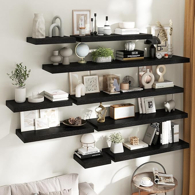 12 Inch Square Floating Shelves for Wall 2 Pack, 12"D Wood Grain Bathroom Shelves with Invisible Brackets, Easy Install Engineered Wood Storage Shelves for Kitchen, Living Room, Bedroom, Black Finish