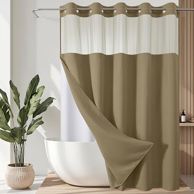 VANZAVANZU Hookless Shower Curtain with Mesh Top and Snap in Waterproof Liner, Waffle Weave, Weighted Magnets Hem, Machine Washable, 72 x 75 Inches – (Khaki)