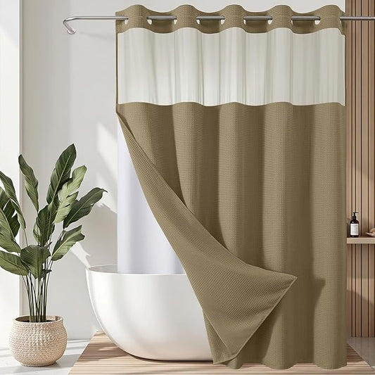 VANZAVANZU Hookless Shower Curtain with Mesh Top and Snap in Waterproof Liner, Waffle Weave, Weighted Magnets Hem, Machine Washable, 72 x 75 Inches – (Khaki)
