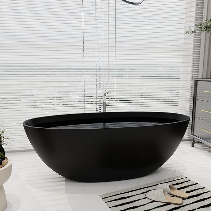 SJ STAR&JANE 65" Solid Surface Freestanding Bathtub, Oval Soaking Stone Resin Tub Stand Alone Tub with Overflow and Pop-up Drain for Bathroom Matte Black