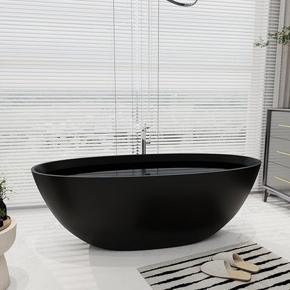 SJ STAR&JANE 65" Solid Surface Freestanding Bathtub, Oval Soaking Stone Resin Tub Stand Alone Tub with Overflow and Pop-up Drain for Bathroom Matte Black