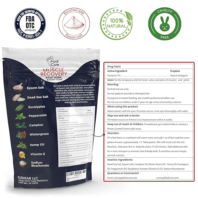 FOOT CURE Tea Tree Oil & Muscle Foot Soak with Epsom Salts - All-Natural Salts for Post-Workout Recovery - Softens Calluses, Soothes Sore & Tired Feet, Foot Odor Control, Spa Pedicure (Pack of 2)