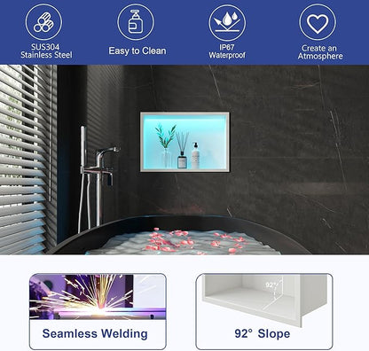 White Stainless Steel Shower Niche 18x12Inch, Dimmable RGB Led Light Wall Niche, No Tile Needed Recessed for Bathroom Storage Built-in Installation