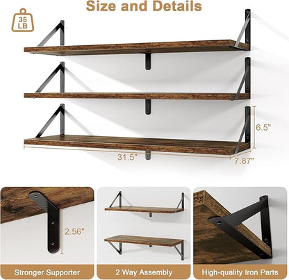 Fun Memories Floating Shelves, 32 x 8 Inches, Set of 3 Wall-Mounted Bookshelves with Metal Brackets, Decorative Storage for Home and Office (Rustic Brown)