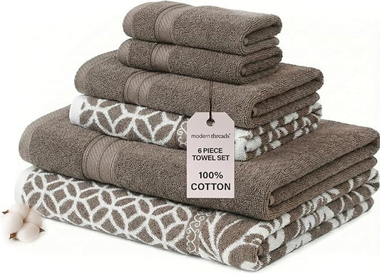 Modern Threads Trefoil Filigree 6-Piece 100% Cotton Towel Set – Reversible Yarn Dyed Jacquard – Includes 2 Bath Towels, 2 Hand Towels, 2 Washcloths – Absorbent, Quick Dry, Soft & Durable – Mocha Brown