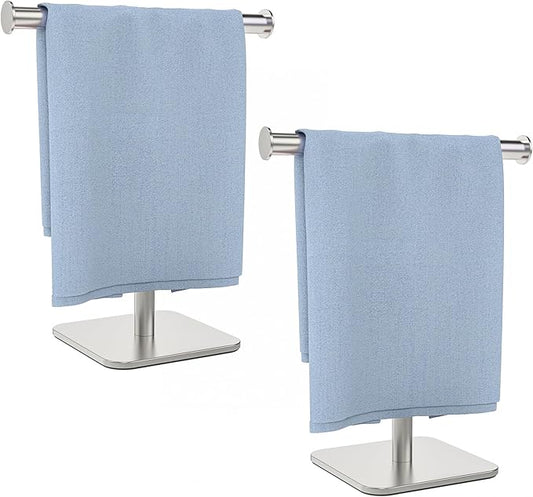 RUACQ T-Shape Hand Towel Holder Stand, Weighted Base Towel Rack, 12" Countertop Towel Holder for Bathroom, 304 Stainless Steel, Heavy Duty (Brushed Nickel, 2 Pack)