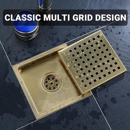 6 Inch Square Shower Floor Drain, Stainless Steel Black Shower Drain Kit with Flange, Floor Drain with Removable Grid Cover,Brushed Gold