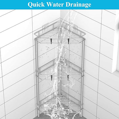 3 Tier Floor Standing Corner Shower Caddy Organizer Shelf with Hooks, Bathroom Shelves Stand Rack, Gray