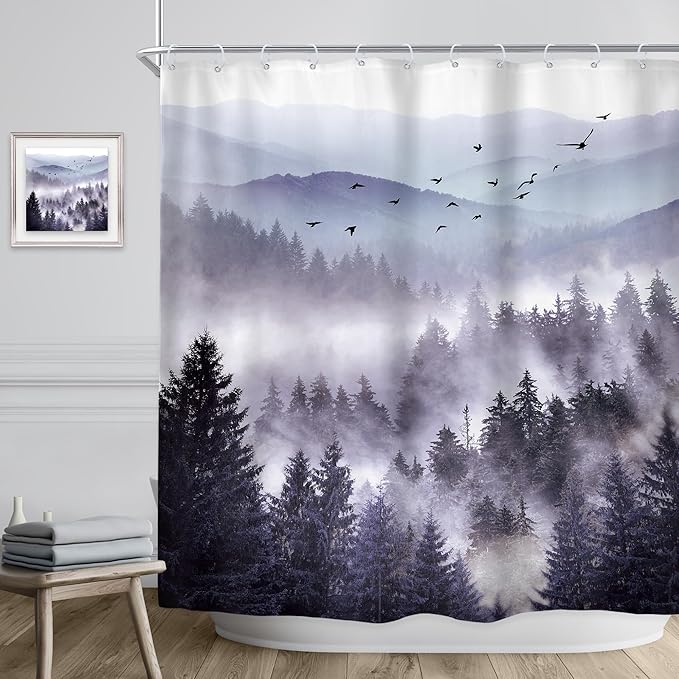 Riyidecor Purple Mountain Shower Curtain 72Wx78H Inch Nature Scenery Landscape Rustic Pine Tree Misty Foggy Mountain Dark Natural View Mens Bathroom Decor Fabric Polyester Waterproof 12 Pack Hooks
