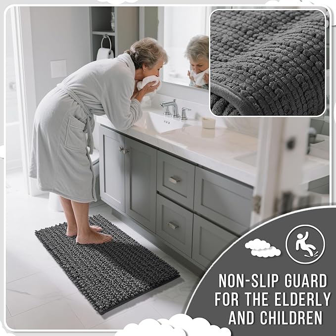 Yimobra Bathroom Rugs Sets 2 Piece - Quick Dry Extra Thick Luxury Chenille Bath Mat, Non Slip Super Absorbent for Tub Shower Sink, Machine Washable Shaggy Floor Mat, 32"x20"+24"x20" Inch, Dark Grey