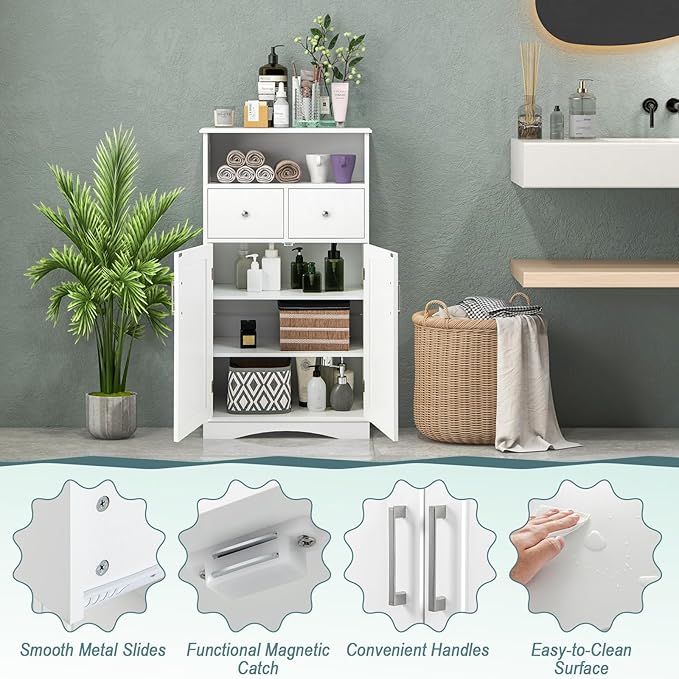 Tangkula Bathroom Cabinet, Floor Standing Storage Organizer w/2 Drawers & 2 Doors, 3-Position Adjustable Shelves, Anti-Toppling Design, Floor Cabinet for Bathroom (White, 2 Drawers & Cabinet)