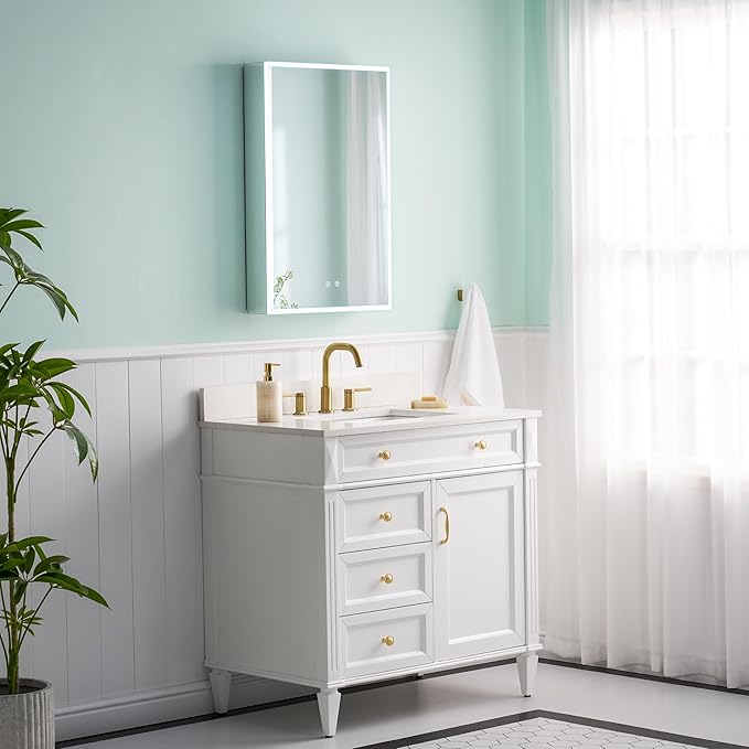 WELLFOR 20" X 30" Medicine Cabinet with Lights, 3X Magnification, Anti-Fog Mirrored Cabinet, Bathroom Vanity Medicine Cabinet with Outlets & USB Ports, Left Opening Door