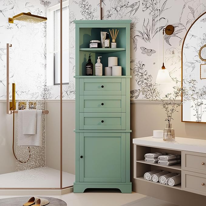 Favfurish 69" Tall Corner Cabinet with Door and 3 Drawers,Modern Bathroom Storage Cabinets w/Adjustable Shelves,Freestanding Organizer for Bathroom,Kitchen,Living Room,Dining Room,Green