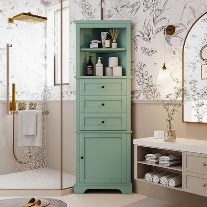 Favfurish 69" Tall Corner Cabinet with Door and 3 Drawers,Modern Bathroom Storage Cabinets w/Adjustable Shelves,Freestanding Organizer for Bathroom,Kitchen,Living Room,Dining Room,Green