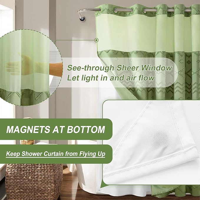 No Hooks Shower Curtain with Snap-in Liner, Sage Green Boho Tufted Chevron Striped Textured Shower Curtains for Bathroom, Water Repellent Luxury Shower Curtain, 72Wx74H
