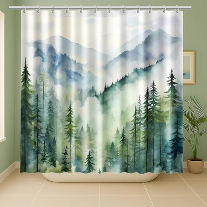 Coveted Goods Mountain Forest Shower Curtain 72” x 72”, Waterproof Polyester, Misty Pine Tree Landscape, Includes Grommets and Hooks, Machine Washable Nature-Inspired Bathroom Decor