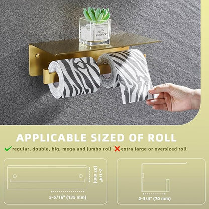 Angle Simple Toilet Paper Holder with Shelf Brushed Gold, 304 Stainless Steel Double Toilet Tissue Holder for Wall