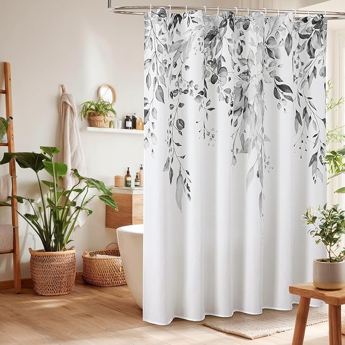 Colorful Star Grey Eucalyptus Waterproof Shower Curtain Set with Hooks, Minimalist Watercolor Floral Print Bathroom Décor, Plant Leaves Washable Fabric Shower Curtain, 72 x 72 Inch