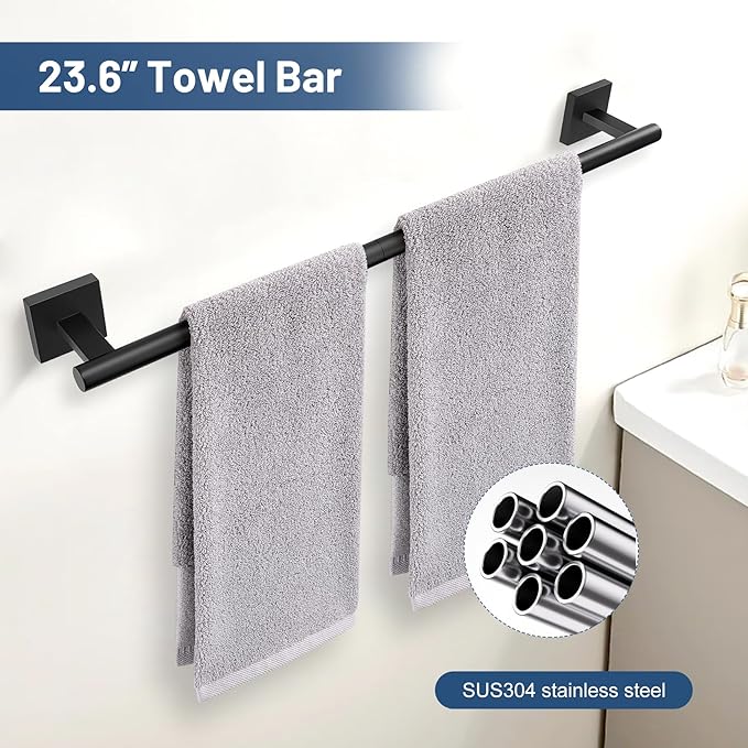 TURS Matte Black 5-Pieces Bathroom Hardware Set SUS304 Stainless Steel Towel Bar Set Wall Mounted 23.6 Inch Towel Racks for Bathroom Square Towel Holder Set