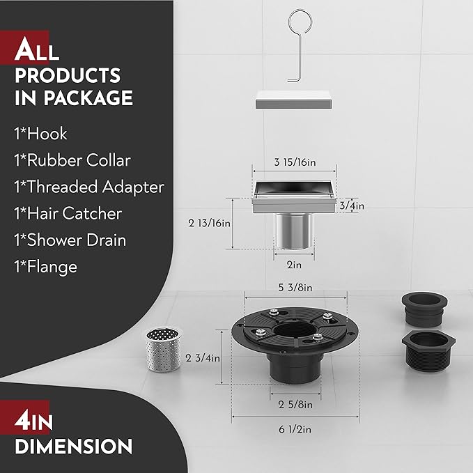 WEBANG 4 Inch Square Shower Drain Brushed Floor Drain with Flange Reversible 2-in-1 Cover Tile Insert Grate Removable SUS304 Stainless Steel CUPC Certified Brushed