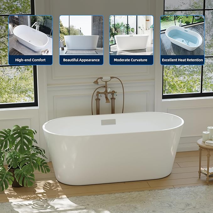 67 Inch Freestanding Bathtub, Acrylic Soaking Bathtub with Chrome Drain and Overflow, Standalone Ergonomic Tub for Bathroom Relaxation, Deep Design for Family and Guest Use