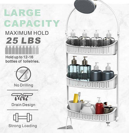 Heavy duty shower caddy hanging; 3 tiers supper large plastic shower basket over the showerhead; never rust baskets over the door, shower organizer for bathroom without tools, White