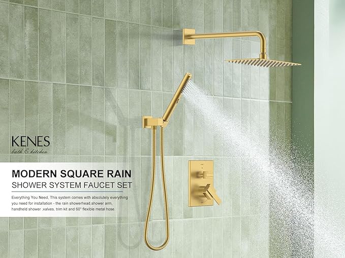 KENES Brushed Gold Rainfall Bathroom Shower System Rain Shower Head and Handle Set, Shower Faucet Set with 10-Inch Rain Showerhead and Handheld Spray, (Shower Valve Included), LJ-6026A-4