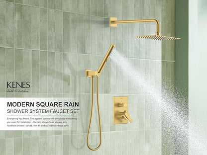 KENES Brushed Gold Rainfall Bathroom Shower System Rain Shower Head and Handle Set, Shower Faucet Set with 10-Inch Rain Showerhead and Handheld Spray, (Shower Valve Included), LJ-6026A-4