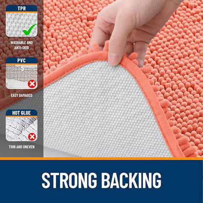 OLANLY Bathroom Rugs 47x20, Extra Soft Absorbent Chenille Bath Rugs, Rubber Backing Quick Dry, Machine Washable Bath Mats for Bathroom Floor, Tub and Shower, Home Decor Accessories, Coral