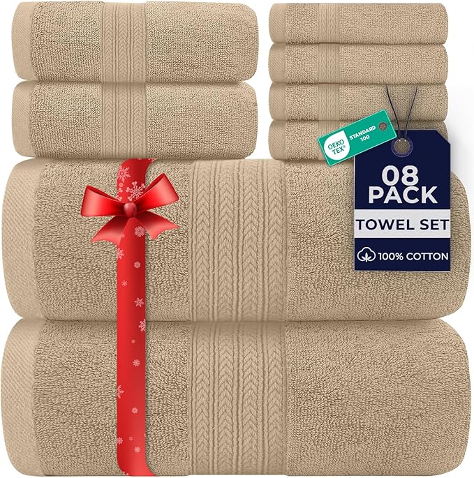 DAN RIVER 8 PC Luxury Bath Towels for Bathroom, 2 Bath, 2 Hand, and 4 Wash Cloths, 600 GSM 100% Ring Spun Cotton Towel Set, Highly Absorbent, Gym, Hotel, and Spa, Tan