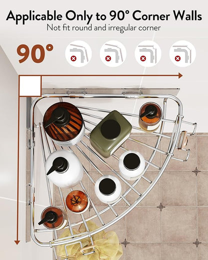 Orimade Corner Shower Caddy Stainless Steel with Hooks Wall Mounted Bathroom Shelf Storage Organizer Adhesive No Drilling 2 Pack, Silver Only for 90-Degree Corner