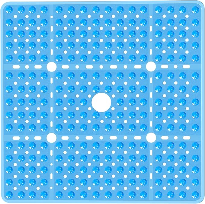 Large Square Shower Mat Non Slip 27x27 Inch, Square Bath Mat Tub Mat for Inside Shower Bathroom Floor, Shower Stall Mats With Big Suction Cup Drain Holes, Easy Washable, BPA-Free, Clear Blue
