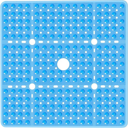 Large Square Shower Mat Non Slip 27x27 Inch, Square Bath Mat Tub Mat for Inside Shower Bathroom Floor, Shower Stall Mats With Big Suction Cup Drain Holes, Easy Washable, BPA-Free, Clear Blue