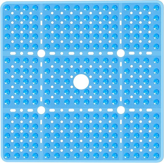 Large Square Shower Mat Non Slip 27x27 Inch, Square Bath Mat Tub Mat for Inside Shower Bathroom Floor, Shower Stall Mats With Big Suction Cup Drain Holes, Easy Washable, BPA-Free, Clear Blue