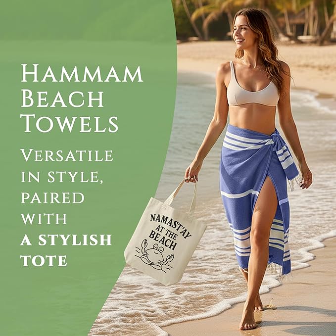 Turkish Cotton Beach Towel Pack of 6 & 1 Boho Tote Bag - Hammam Towels - No Shrink - Quick Dry - Lightweight - Sand Free - Camping - Pool - Tanning - Beach Essentials - Dark Blue (40"x70")